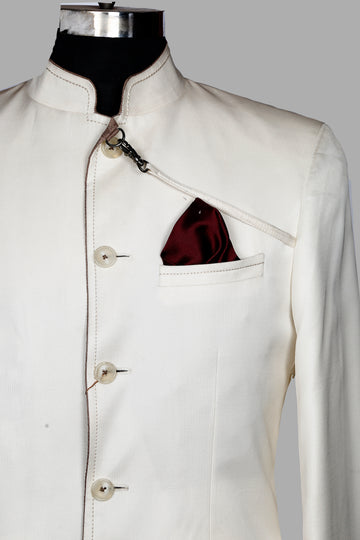 Off White Solid Designer Bandhgala Suit