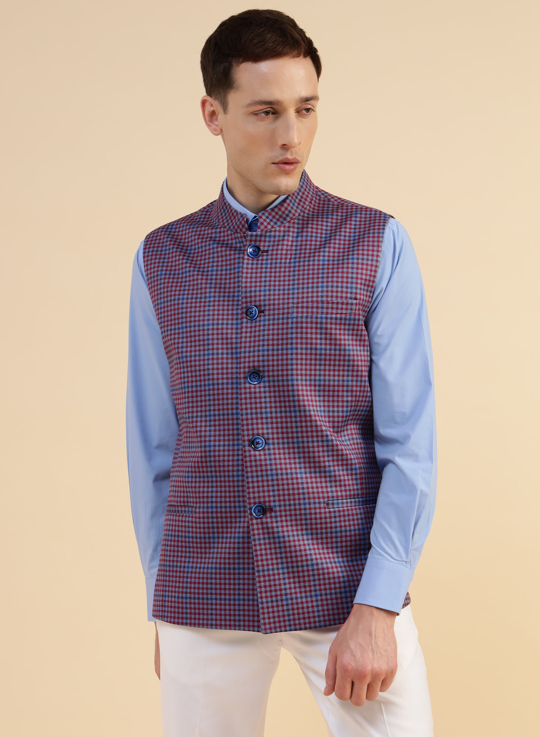 Red Blue Uncrushable Check Nehru Jacket