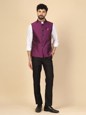 Purple Silk Self Woven Designer Nehru Jacket