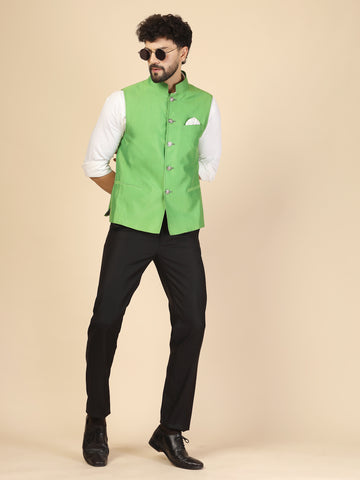 Green Silk Designer Nehru Jacket