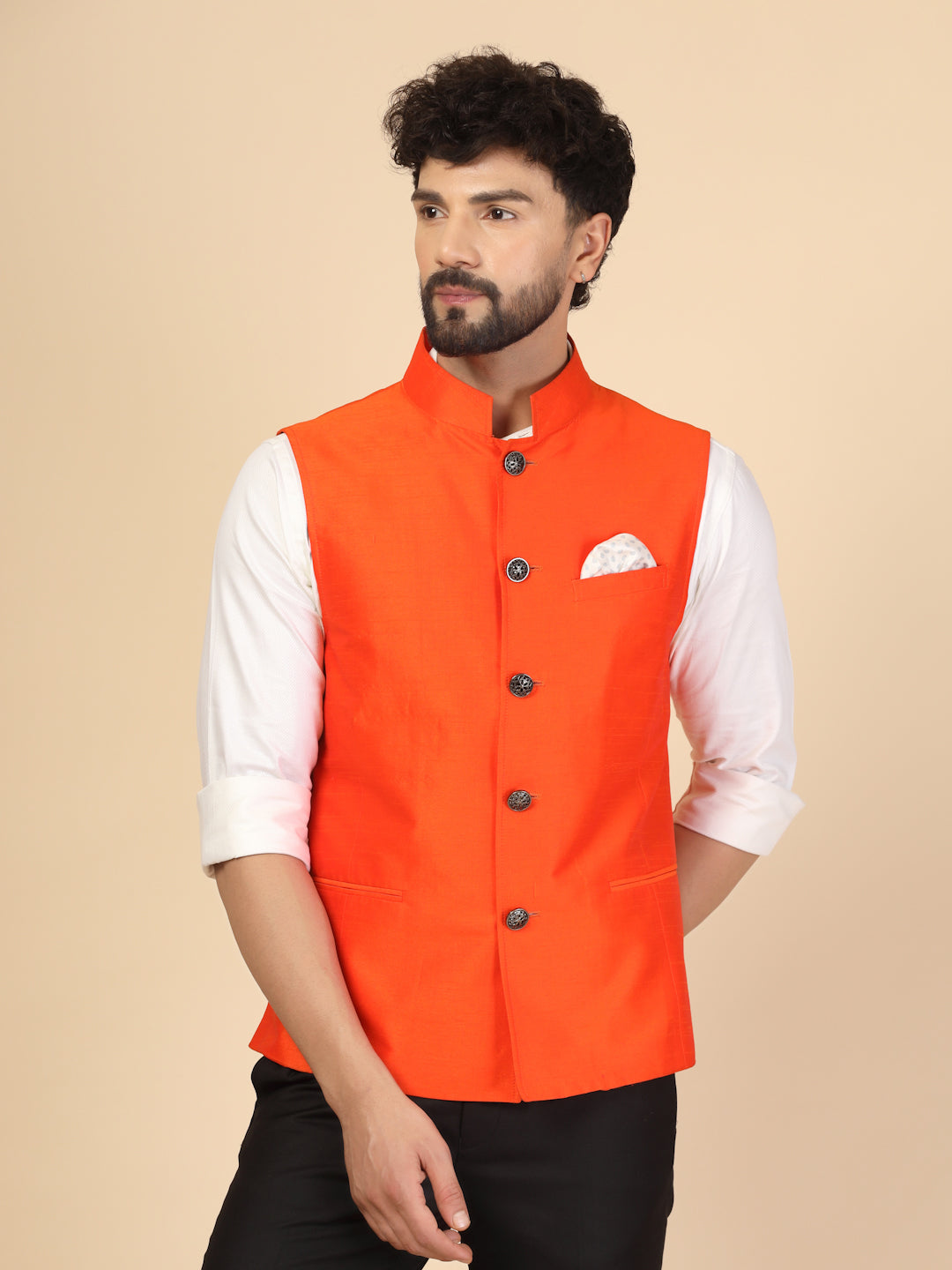 Orange Silk Designer Nehru Jacket