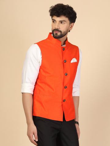 Orange Silk Designer Nehru Jacket