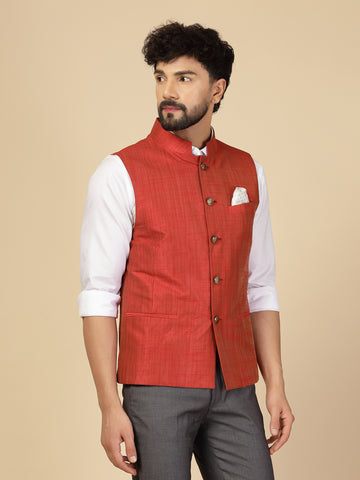 Rust Silk Designer Nehru Jacket