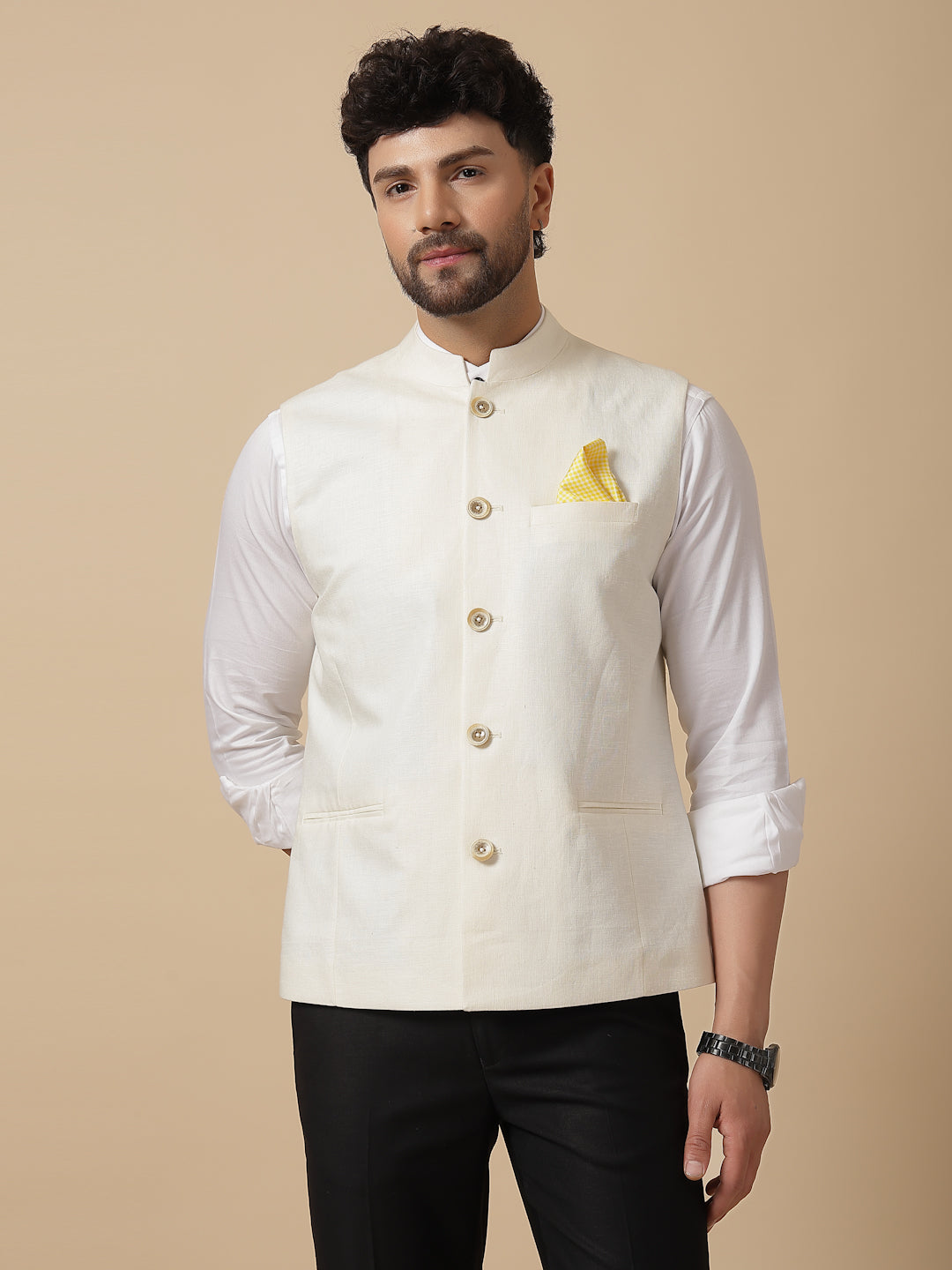 Light Cream Linen Hemp Nehru Jacket