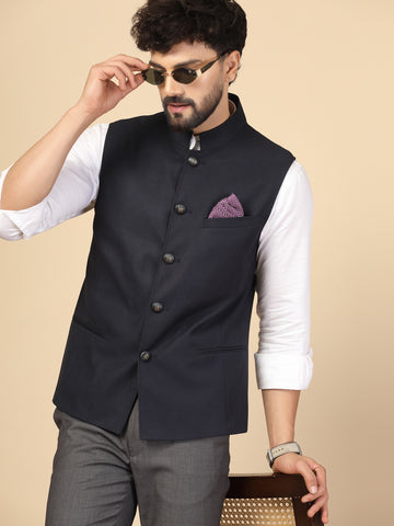 Navy Blue Structured Nehru Jacket