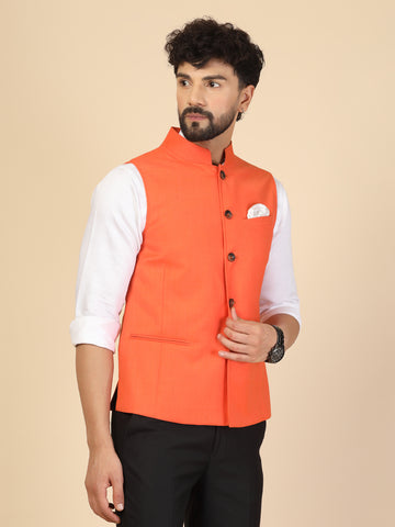 Orange Polywool Solid Nehru Jacket