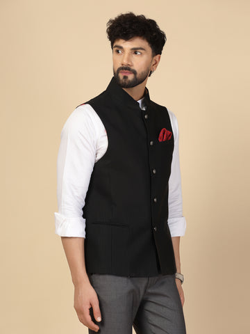 Black Polywool Self-Woven Nehru Jacket