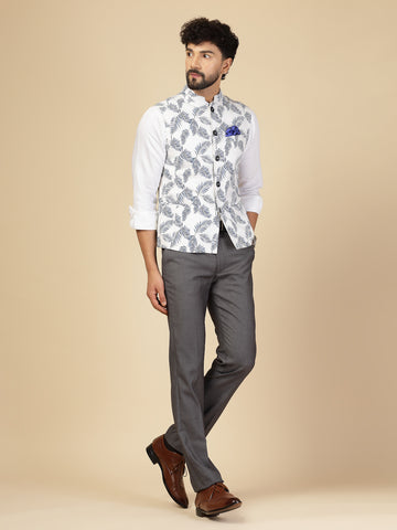 White & Blue Cotton Linen Printed Nehru Jacket