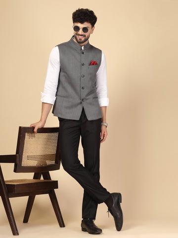 Charcoal Polywool Solid Nehru Jacket