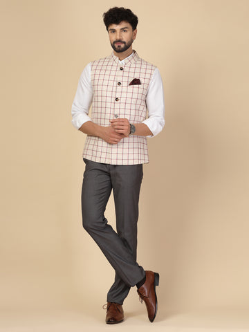 Cream 100% Linen Check Nehru Jacket