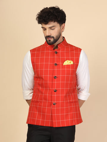 Red Polywool Check Nehru Jacket