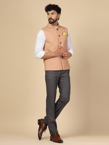 Light Pink Polywool Check Nehru Jacket