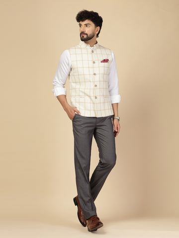 Off White Polywool Check Nehru Jacket