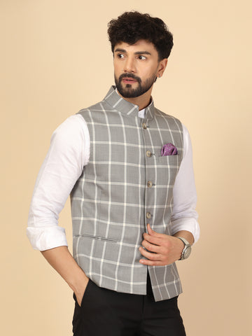 Grey Polywool Check Nehru Jacket