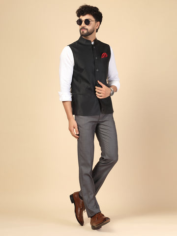 Blue Wool Blend Self-Woven Nehru Jacket
