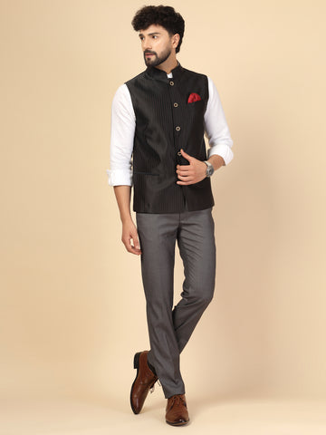 Dark Brown Wool Blend Self-Woven Nehru Jacket
