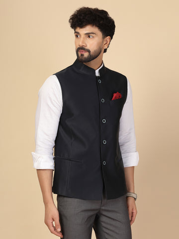 Blue Wool Blend Self-Woven Nehru Jacket