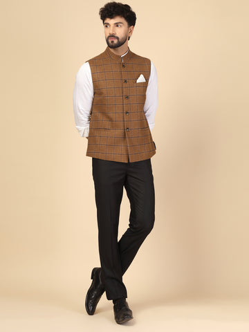 Camel Tweed Check Nehru Jacket