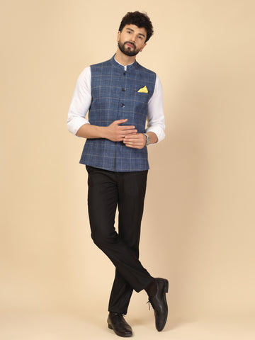Blue Tweed Check Nehru Jacket