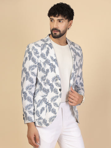 White & Blue Cotton Linen Printed Jacket