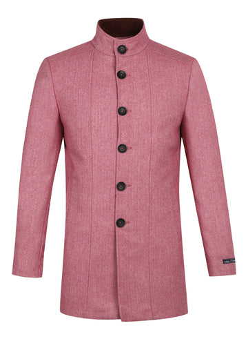 Pink Tweed Textured High Collar Long Coat