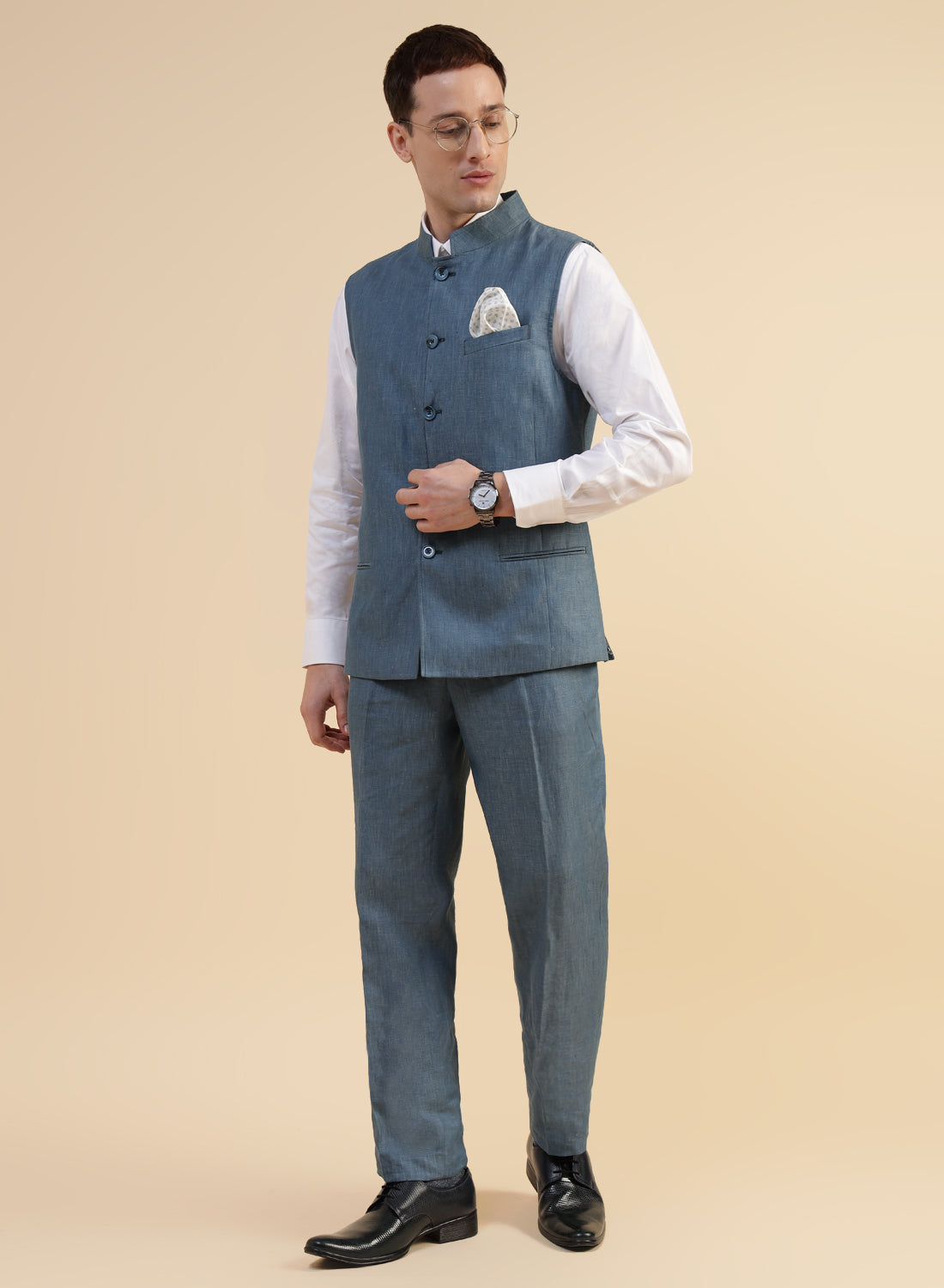 Modi Jacket With Pant Shirt Waistcoat Design Greyish Blue Linen