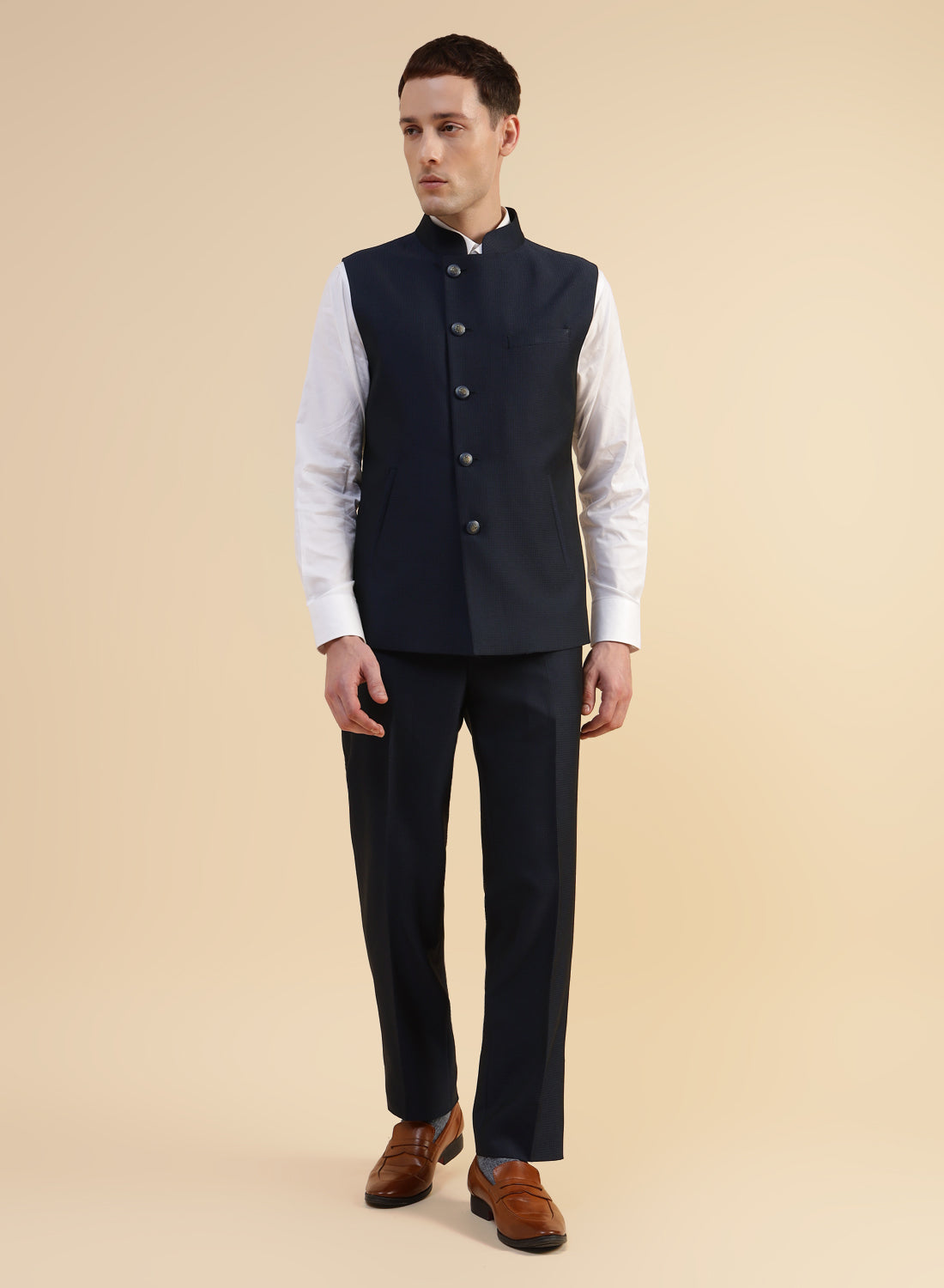 Waistcoat Shirt Half Jacket Navy Blue Structured Nehru Jacket