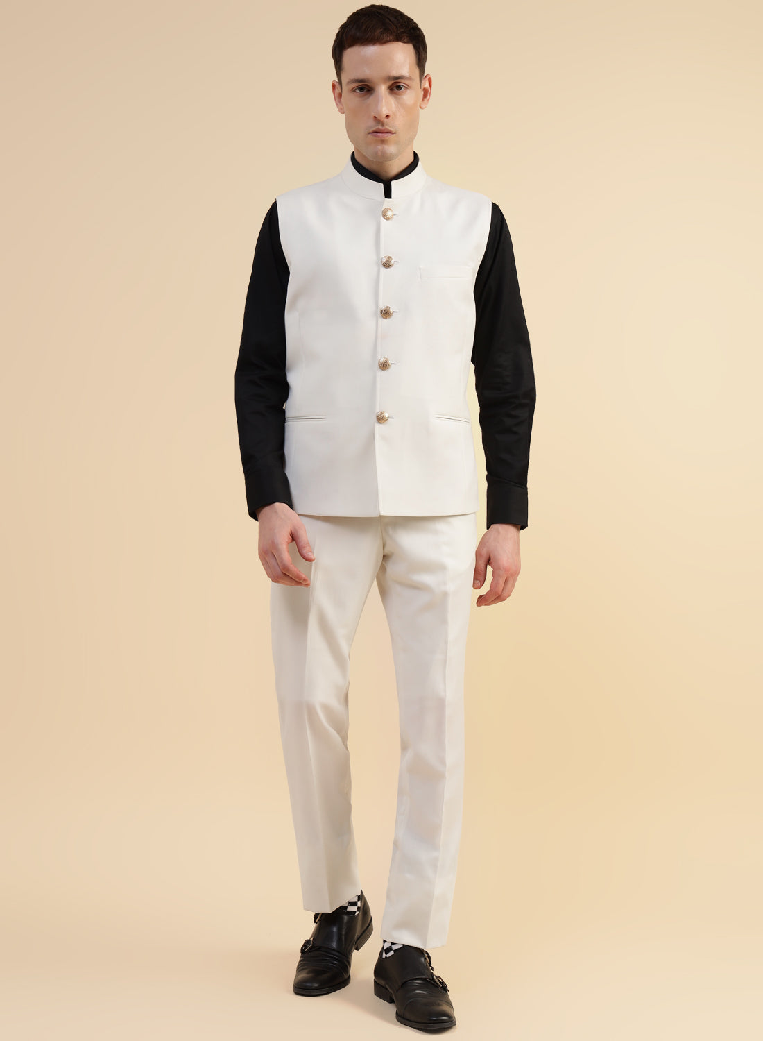Cream Polywool Nehru Jacket Trouser Combo Set