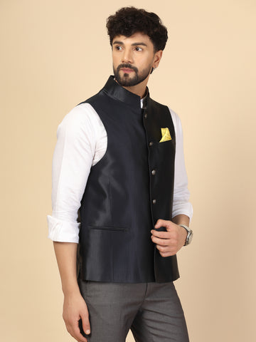 Navy Blue Wool Blend Self-Woven Nehru Jacket