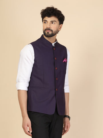 Purple Polywool Solid Nehru Jacket