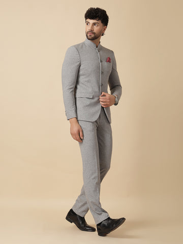 Grey Uncrushable Stripe Bandhgala Suit