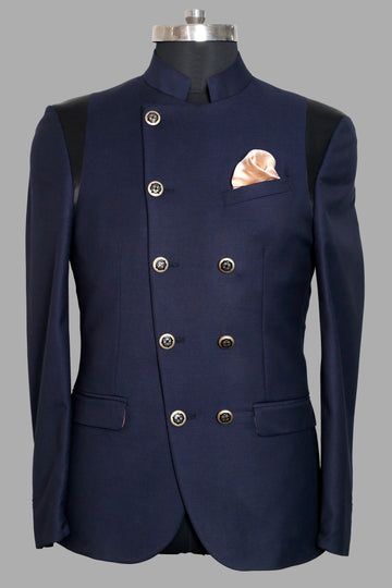 Navy Textured Double Breasted Designer Suit