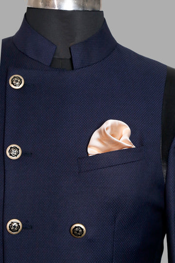 Navy Textured Double Breasted Designer Suit