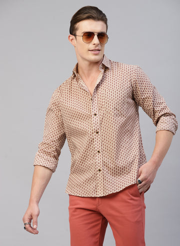 Cream & Red 100% Cotton Printed Casual Shirts
