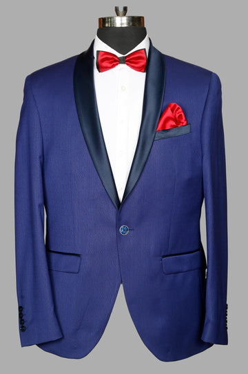 Blue Solid Designer Shawl Collar Suit
