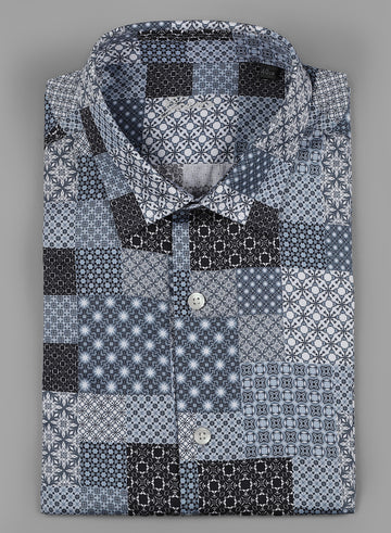 Blue & Grey Cotton Printed Shirt