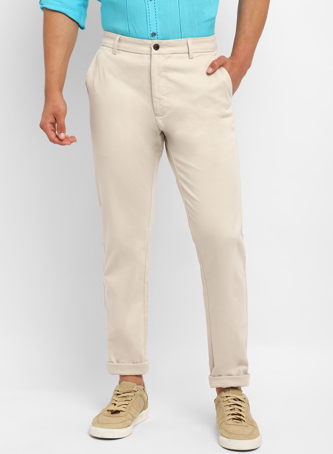 Light Beige Cotton Casual Trouser - Main Image