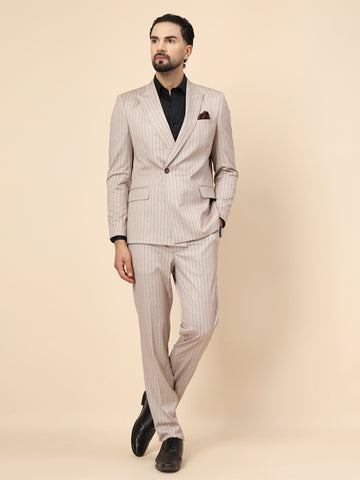 Beige Uncrushable Double Breasted Stripe Suit