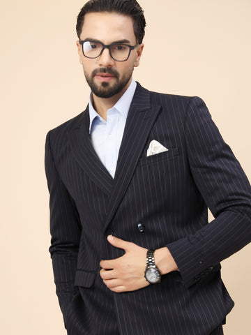 Navy Uncrushable Stripe Double Breasted 2pcs Suit