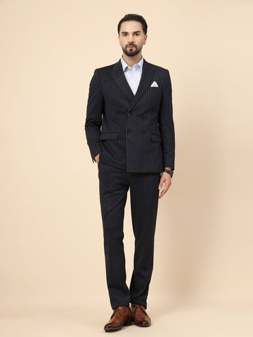Navy Uncrushable Stripe Double Breasted 2pcs Suit