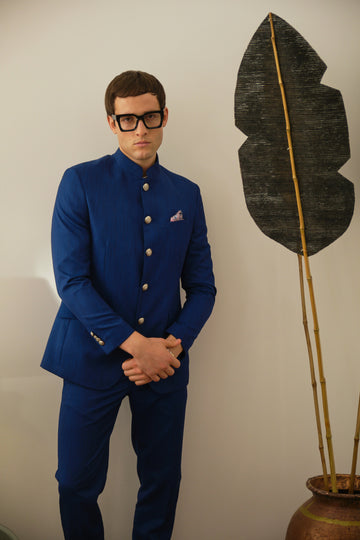 Royal Blue Textured Bandhgala Suit