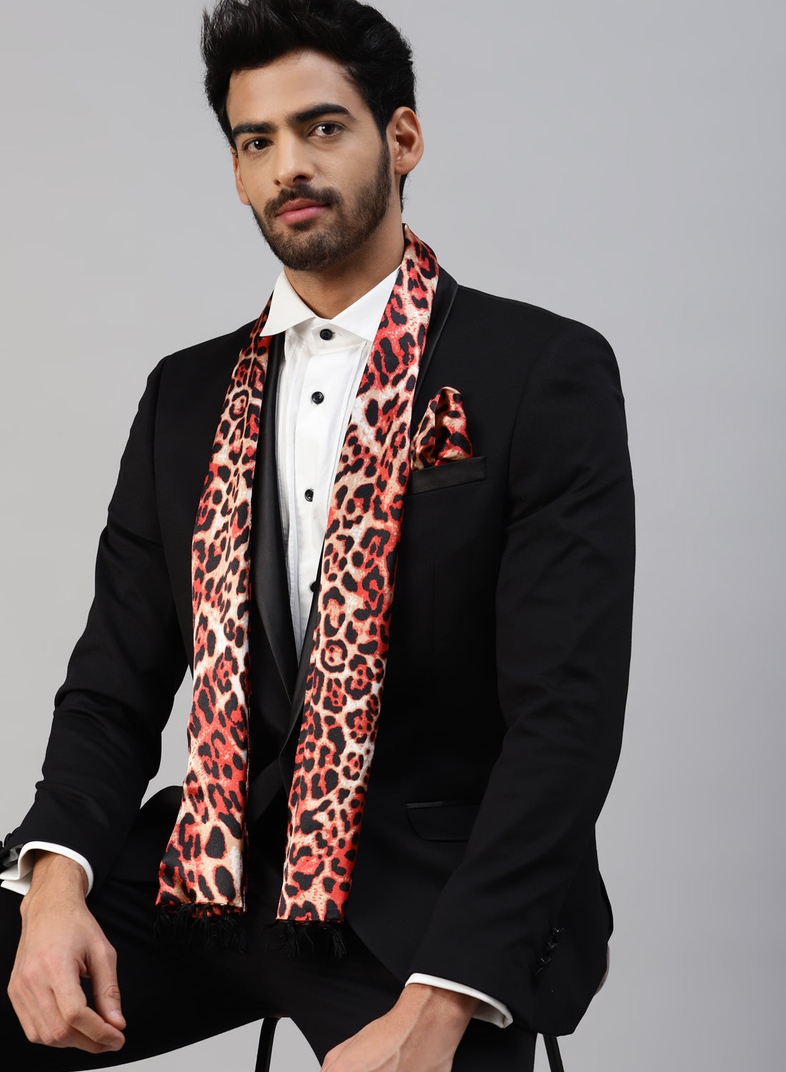 Red Satin Animal Printed Scarf & Pocket square