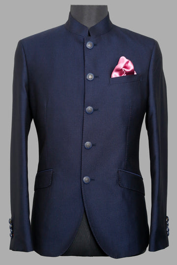 Navy Textured Designer Bandhgala Suit