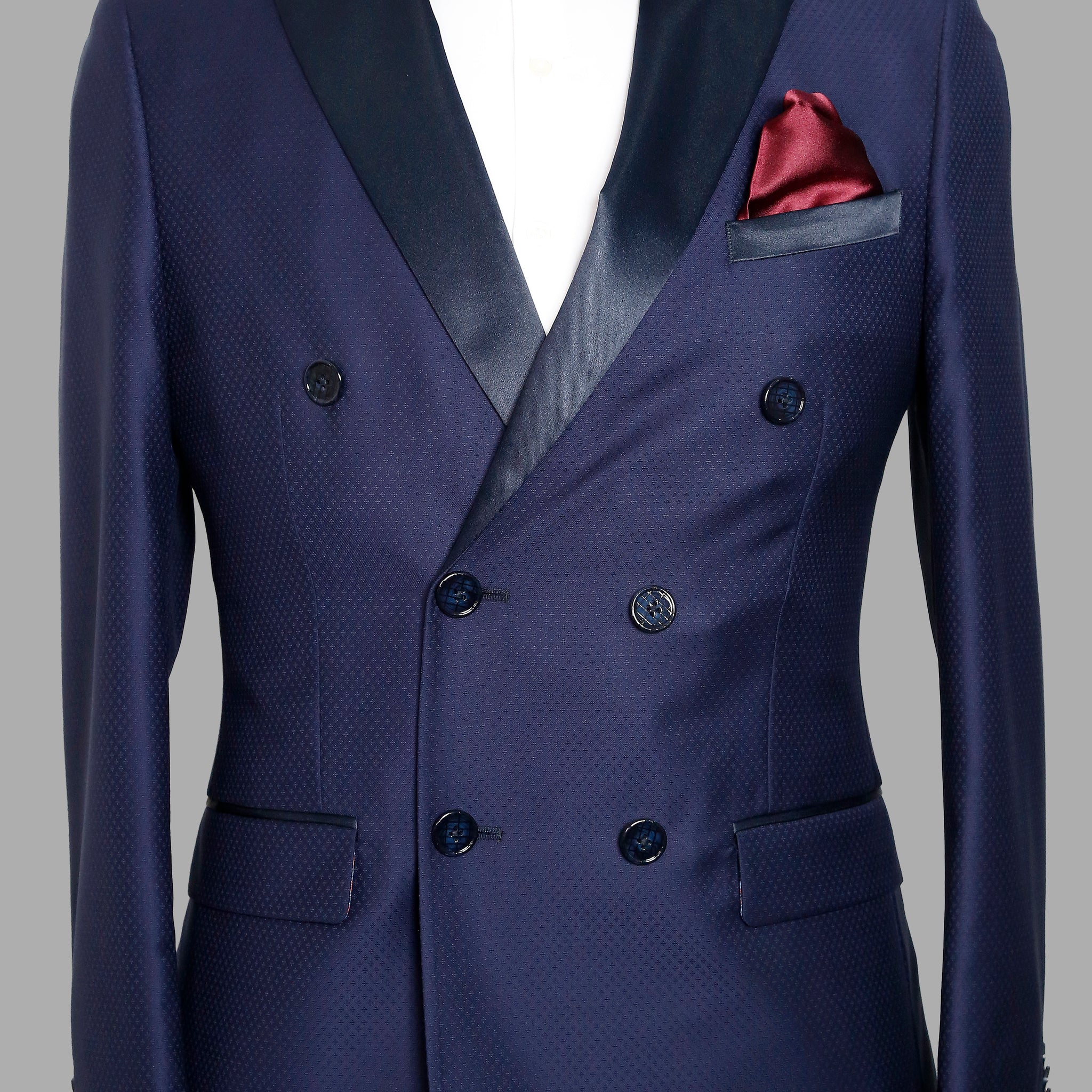 Navy Self Woven Double Breasted Designer Suit