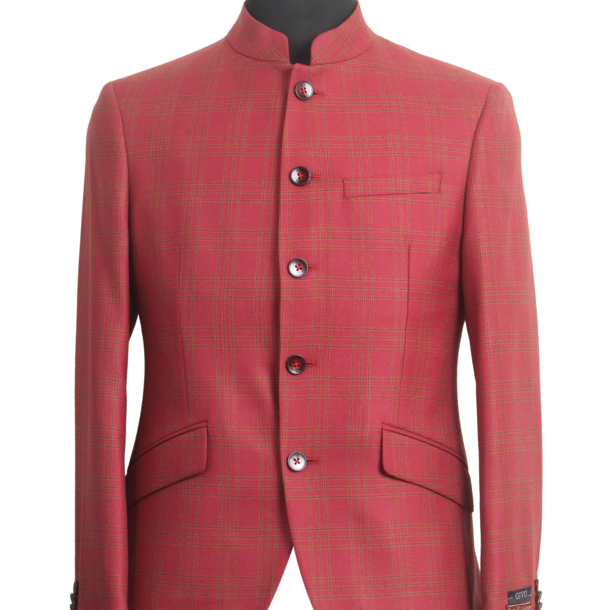 Rust Tweed Check Band Collar Jacket