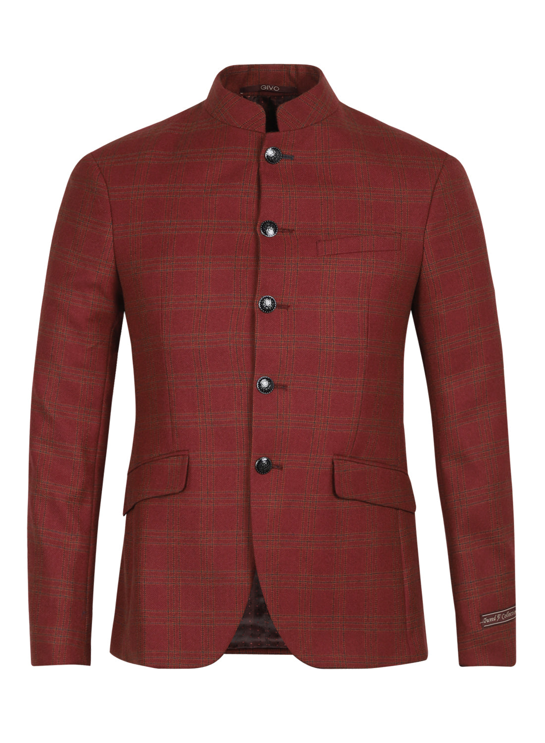 Rust Tweed Check Bandhgala Jacket