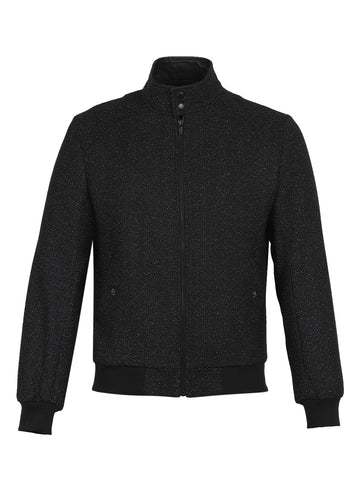 Black Tweed Solid High Collar Bomber Jacket