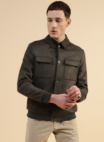 Dark Olive Velvet Suede Casual Jacket