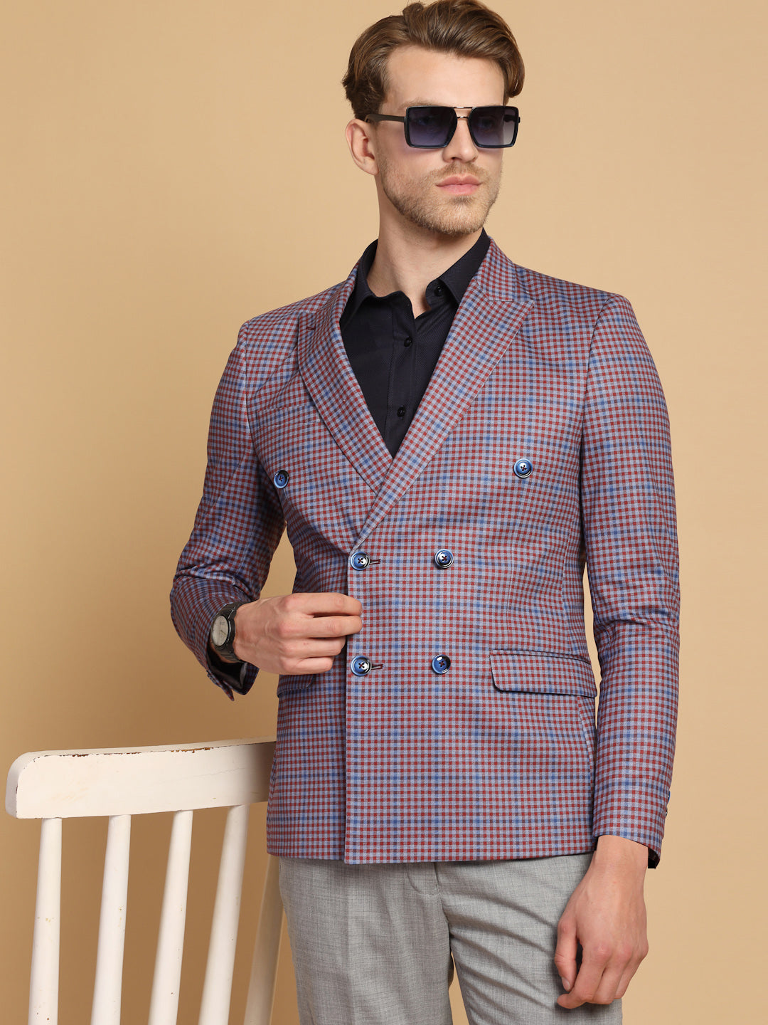 Red & Blue Uncrushable Double Breasted Check Jacket