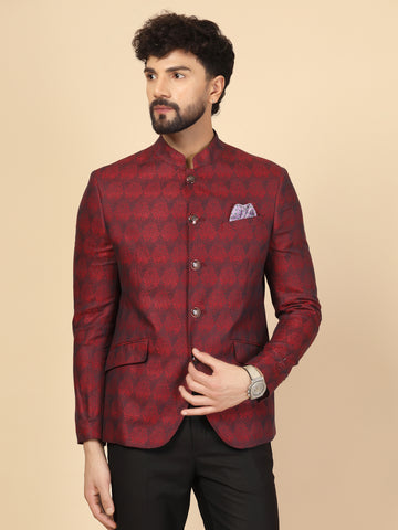 Maroon 100% Linen Jacquard Bandhgala Jacket